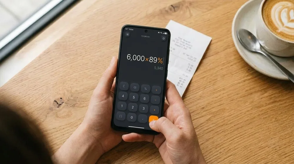 카페 테이블에서 한 손으로 계산기를 쓰는 모습 — 화면에 6,000×89%와 미리보기 5,340이 보인다