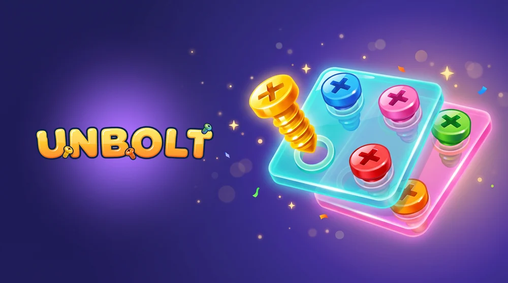 UNBOLT 로고와 보라색 무대 위, 색 나사가 박힌 투명한 유리판 두 장. 노란 나사 하나가 뽑혀 올라오고 있다